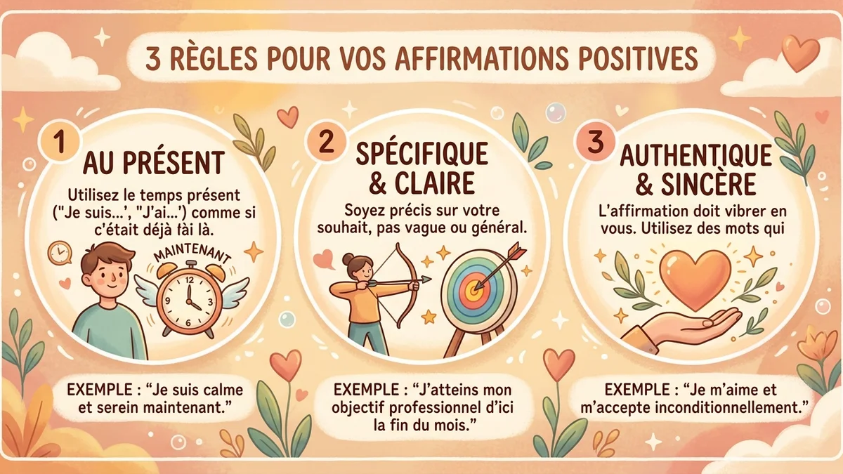 Infographie de la méthode de formulation des affirmations positives en trois étapes : 1. Présent et positif, 2. Spécifique et personnel, 3. Connecté à vos valeurs, avec exemples concrets et icônes visuelles