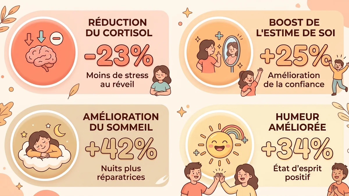 Infographie des bienfaits prouvés de la routine matinale bien-être : réduction du cortisol de 23%, amélioration de l'estime de soi de 25%, qualité de sommeil en hausse de 42%, chaque donnée avec icône et source