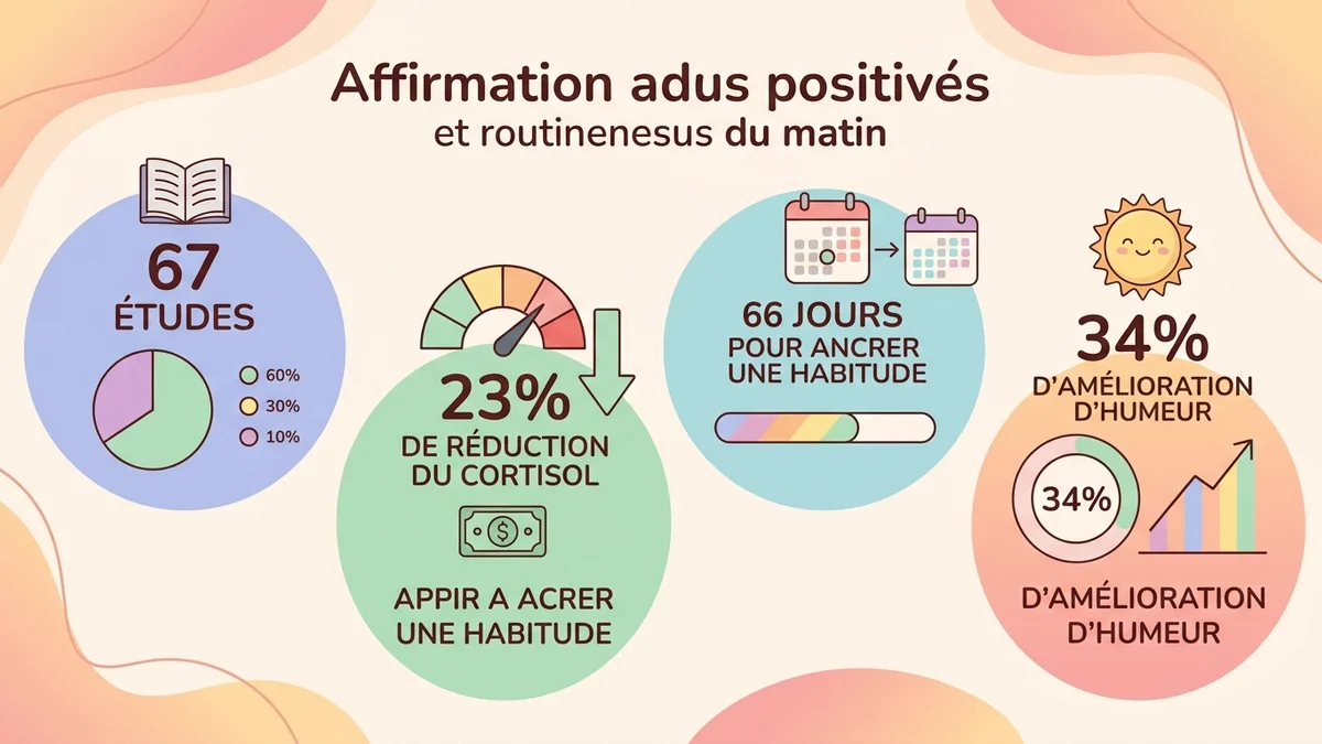 Infographie des statistiques clés sur les affirmations positives et la routine matinale : 67 études analysées, 23% de réduction du cortisol, 66 jours pour ancrer une habitude, 34% d'amélioration d'humeur avec routine combinée