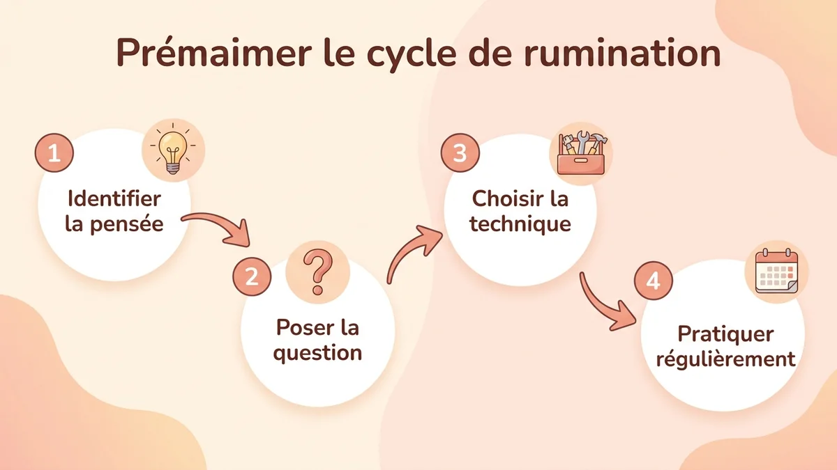 Infographie du processus anti-rumination : étapes progressives sur 6 semaines, de la prise de conscience à la routine installée, avec jalons et indicateurs de progrès