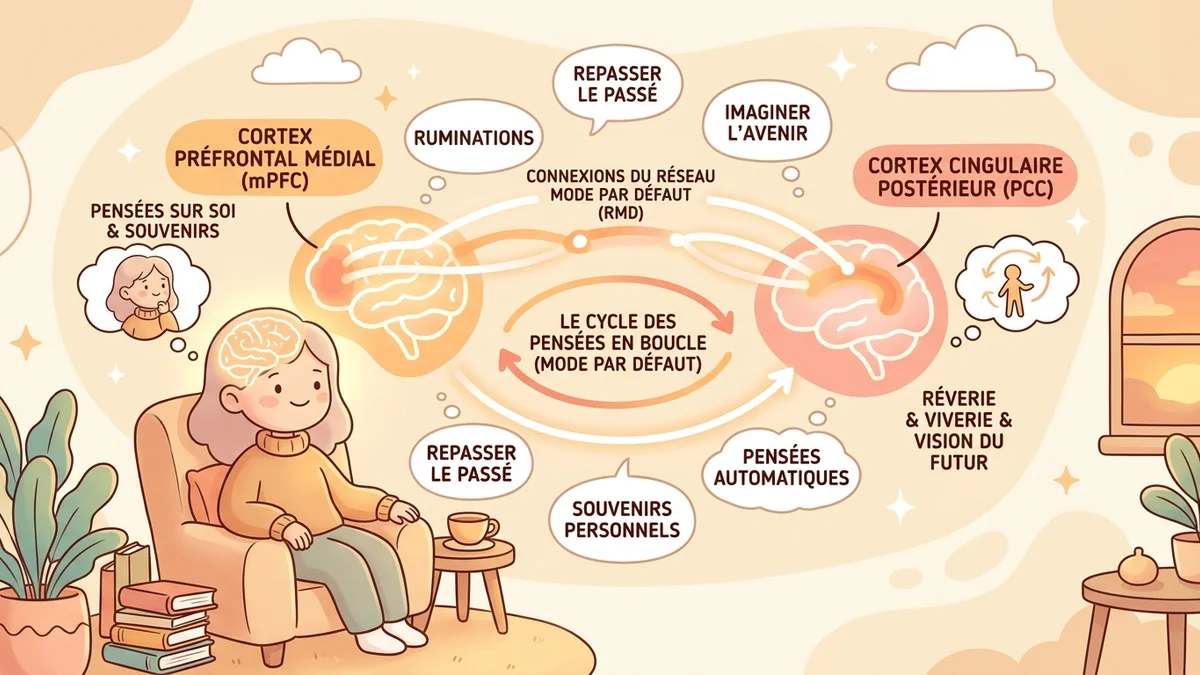 Infographie du réseau du mode par défaut : zones cérébrales activées pendant la rumination, cortex préfrontal médial, cortex cingulaire postérieur, avec flèches montrant le circuit en boucle