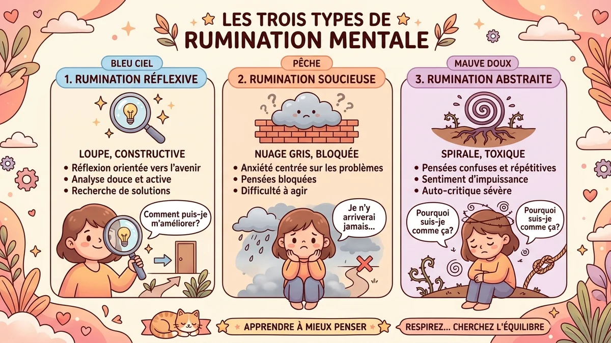 Infographie comparative des trois types de rumination : réflexive (passé), soucieuse (futur), abstraite vs concrète, avec exemples de pensées pour chaque type