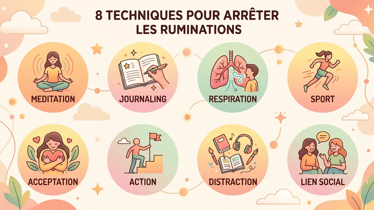 Infographie des 8 techniques pour arrêter la rumination mentale : pleine conscience, écriture, respiration, mouvement, pourquoi vers comment, acceptation, activation comportementale, temps dédié
