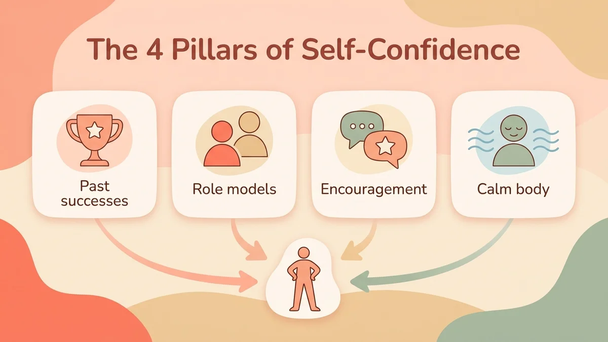 Infographic of how self-confidence works: Albert Bandura's four pillars of self-efficacy with explanatory icons and connecting arrows
