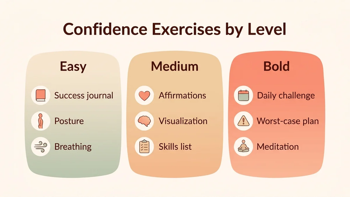 Infographic of the 10 self-confidence exercises organized into three difficulty levels with visual icons and a progressive color code