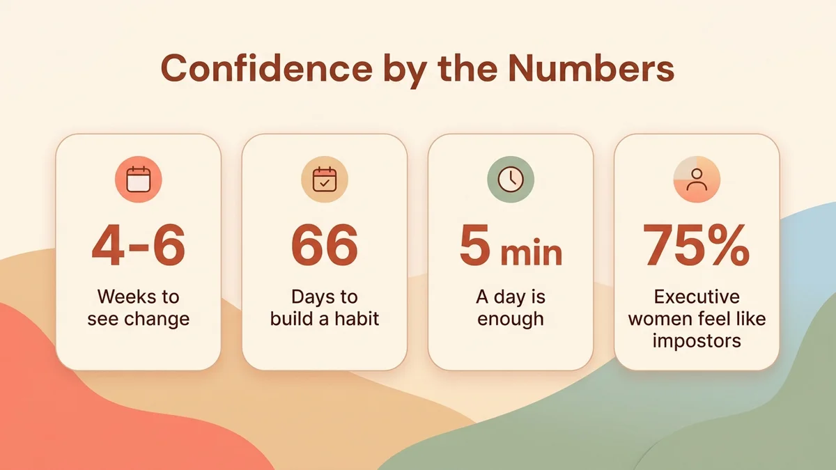Infographic of key self-confidence statistics: time needed, habit formation and success factors
