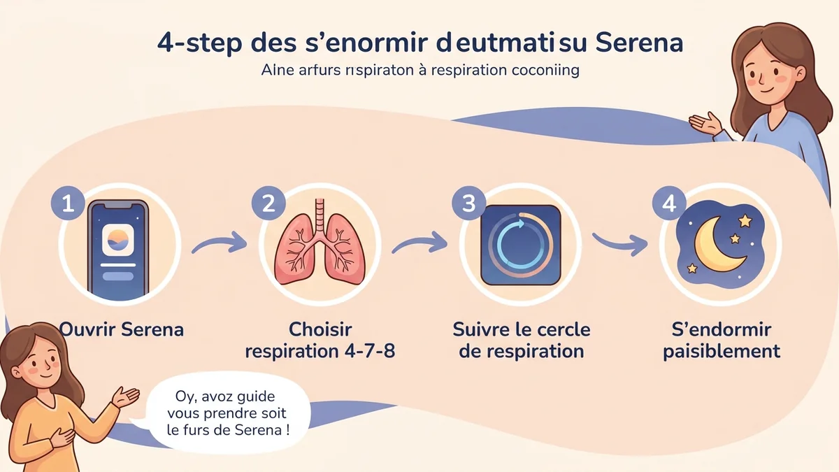 Schéma du processus en 4 étapes pour s'endormir avec Serena : ouvrir l'app, choisir respiration 4-7-8, suivre le cercle, s'endormir