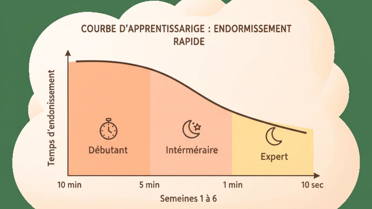 Infographie des 3 phases d'apprentissage de l'endormissement rapide : semaine 1 en 5-10 min, semaine 2-3 en 2-3 min, semaine 6 en moins de 10 secondes, avec courbe descendante et icônes