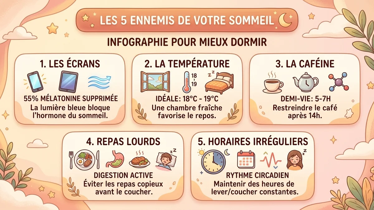 Infographie des 5 ennemis du sommeil avec pourcentages, icônes et solutions en colonnes colorées