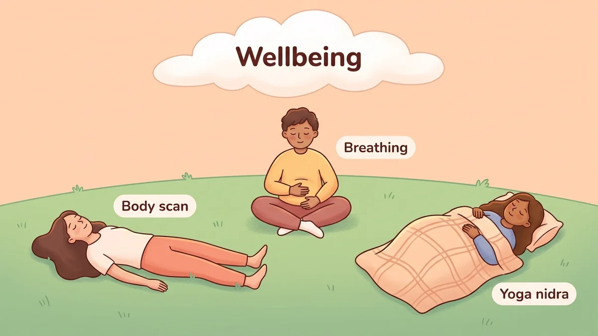 Comparative illustration of seven meditation techniques for sleep and their effects on body and mind