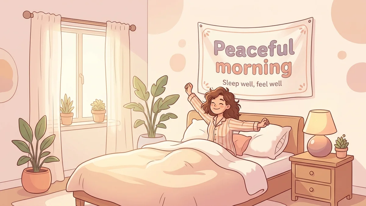 Smiling person waking up after a restful night, serene and relaxed face in a bright bedroom