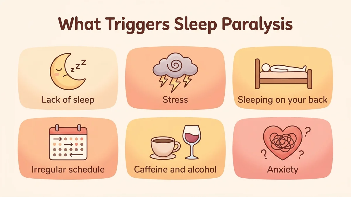 Infographic of the triggers of sleep paralysis: six visual blocks with icons for lack of sleep, stress, sleeping on your back, irregular schedules, stimulants and anxiety