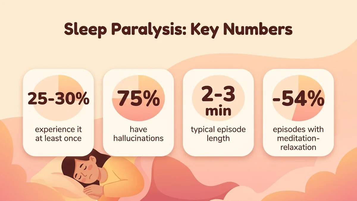 Infographic of key sleep paralysis statistics: prevalence, average duration, share with hallucinations, reduction with MR therapy, share of people with recurring episodes