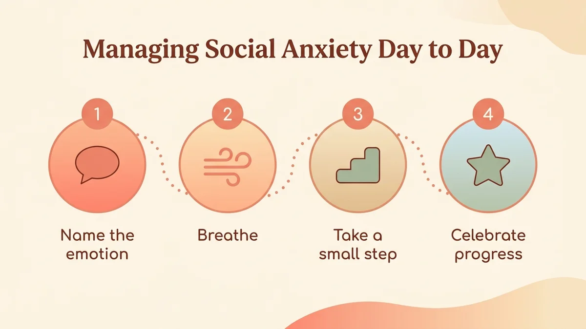 Step-by-step process diagram for managing social anxiety day to day: name the emotion, practice breathing, expose yourself gradually, celebrate progress