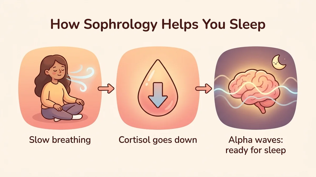 Infographic of how sophrology affects sleep: a visual diagram showing the parasympathetic nervous system activated by breathing, lower cortisol and alpha brain waves