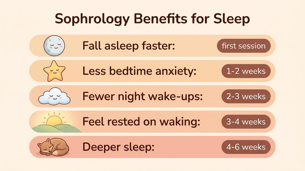 Infographic of the proven benefits of sophrology for sleep with statistics: 30.5% of US adults sleep under 7 hours, 29% HRV improvement, lower cortisol, and improvement percentages by category