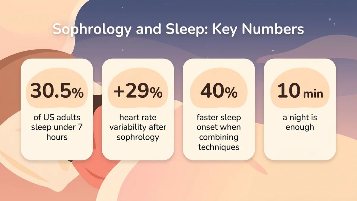 Infographic of key statistics on sophrology and sleep: 30.5% of US adults sleep under 7 hours (CDC 2024), 29% HRV increase, 40% faster sleep onset when combining techniques, and 10 minutes a night recommended