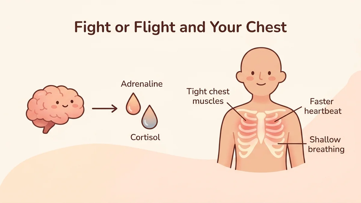 Infographic of the fight-or-flight mechanism: adrenaline, cortisol and their effects on the intercostal muscles and heart rate
