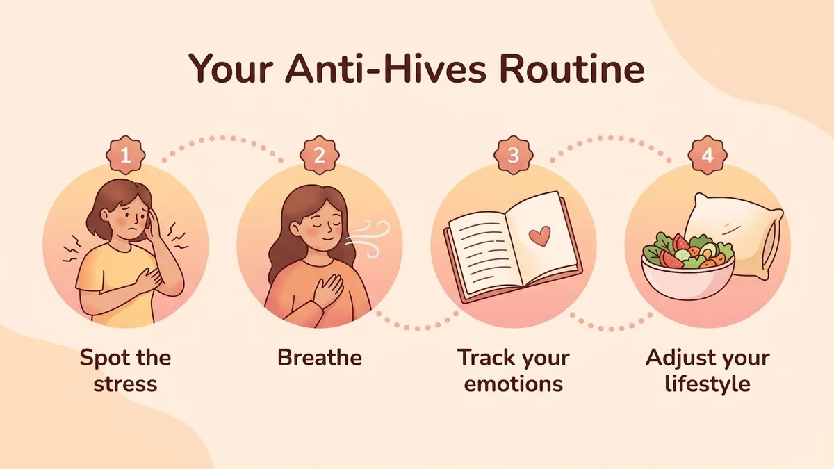 Infographic of the 4-step anti-hives protocol: identify stress, practice breathing, track your emotions, adjust your lifestyle