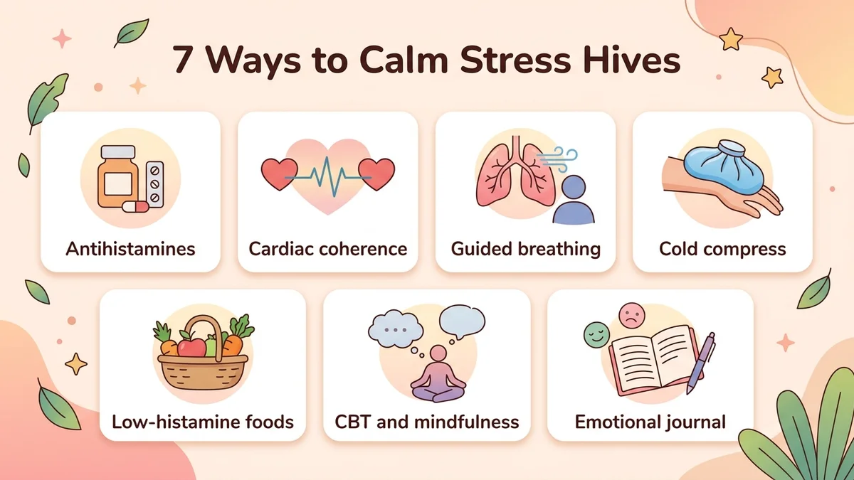 Infographic of the 7 complementary approaches to stress hives with effectiveness percentages