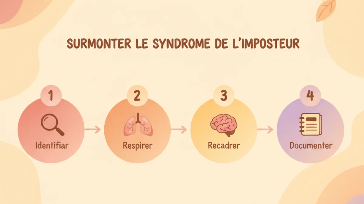 Schéma du processus en 4 étapes pour surmonter le syndrome de l'imposteur : identifier le déclencheur, respirer, recadrer la pensée, documenter la réussite