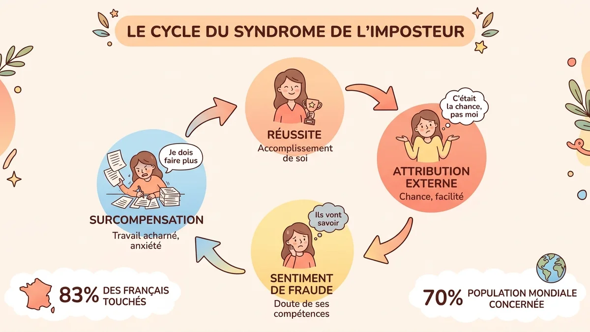 Infographie du mécanisme psychologique du syndrome de l'imposteur : cycle pensées négatives, attribution externe, peur, surcompensation, avec icônes et données chiffrées