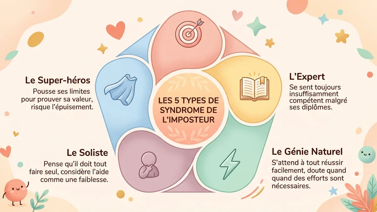 Infographie des 5 types de syndrome de l'imposteur avec icônes distinctives, caractéristiques clés et pourcentages de prévalence