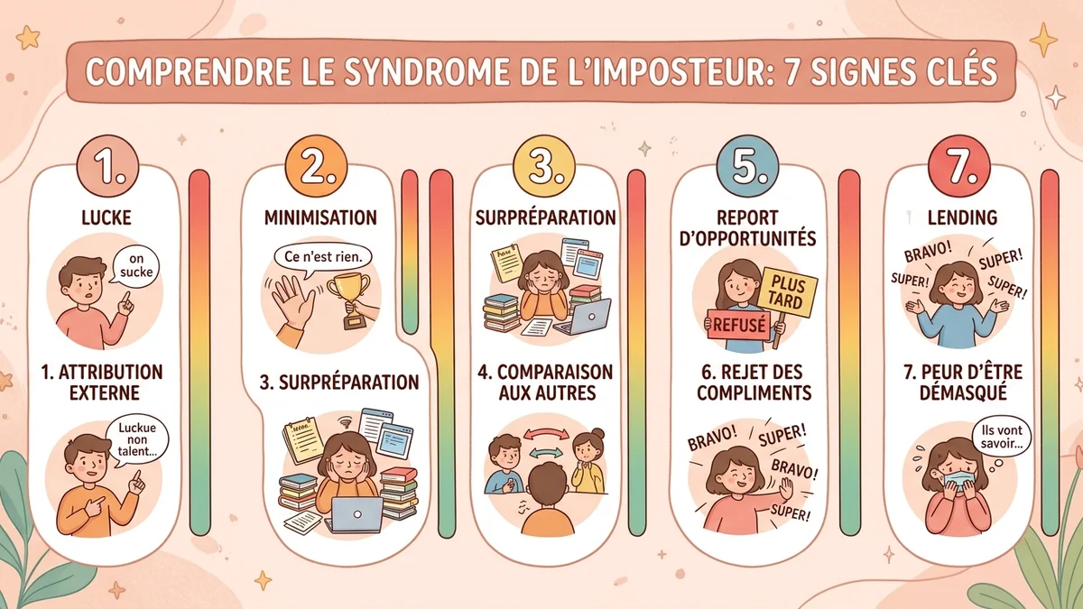 Infographie des signes du syndrome de l'imposteur avec pourcentages de fréquence et échelle de sévérité visuelle