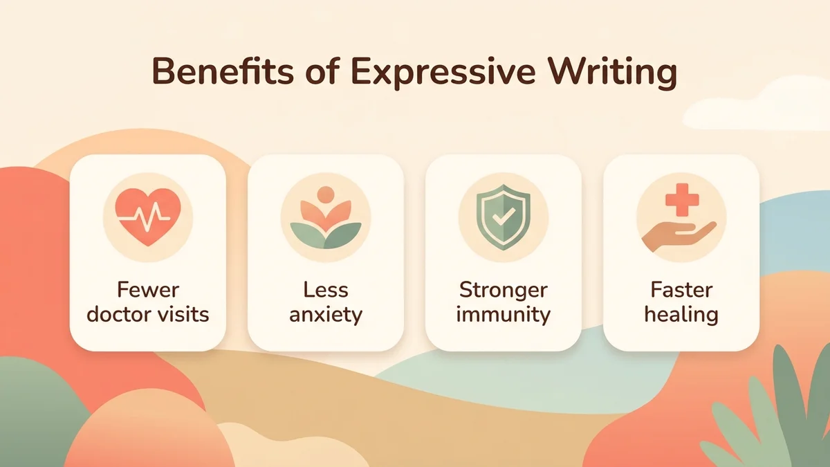 Infographic of the proven benefits of therapeutic journaling: fewer doctor visits, lower anxiety, stronger immune response, faster healing, with key figures by category