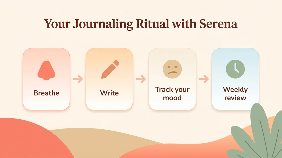 Step-by-step process diagram for building therapeutic journaling into daily life with Serena: breathing, guided writing, emotional tracking, weekly review
