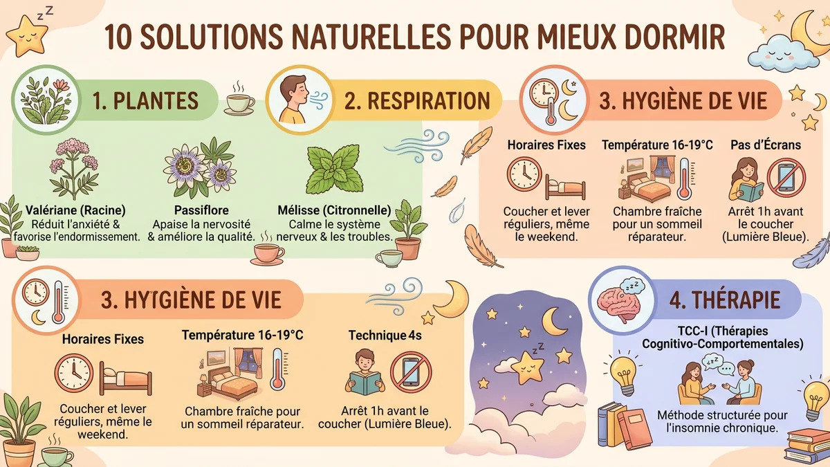 Infographie présentant les 10 solutions naturelles pour mieux dormir, organisées en quatre catégories : plantes, respiration, hygiène de vie et thérapie, avec icônes et code couleur pastel