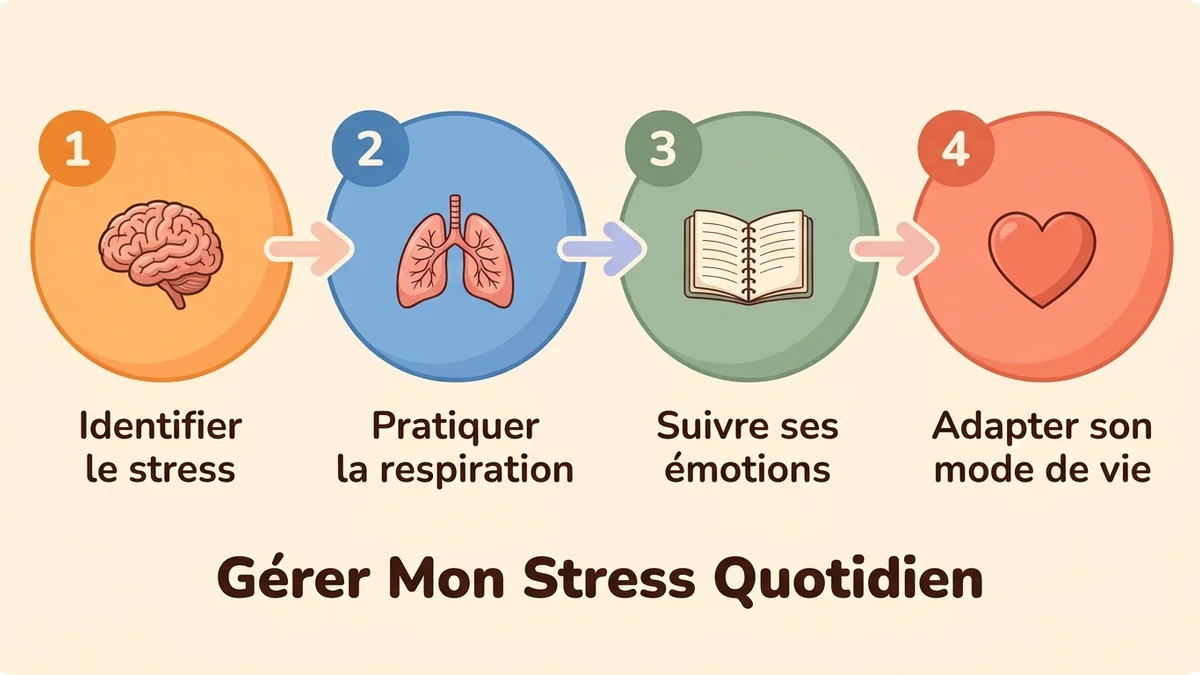 Infographie du protocole anti-urticaire en 4 étapes : identifier le stress, pratiquer la respiration, suivre ses émotions, adapter son mode de vie