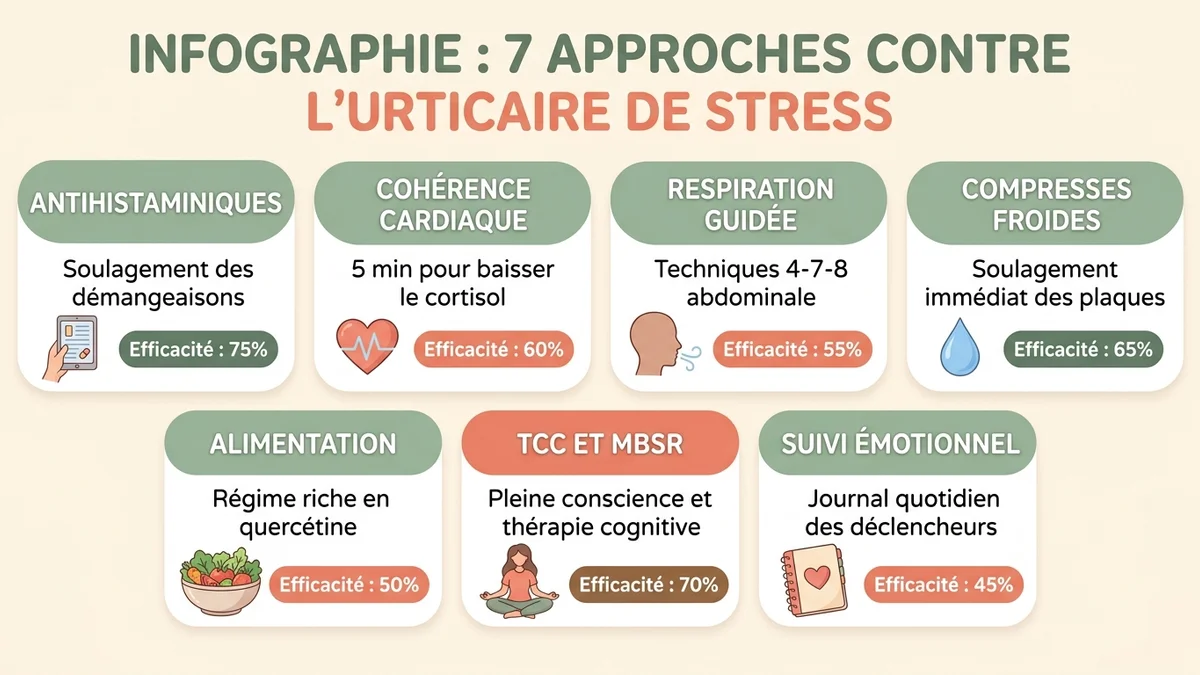 Infographie des 7 approches complémentaires contre l'urticaire de stress avec pourcentages d'efficacité