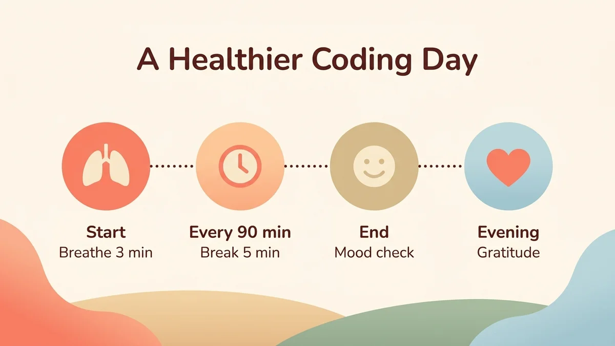Step-by-step infographic of the Serena routine for developers: 4 steps across the day with icons, durations and cognitive benefits