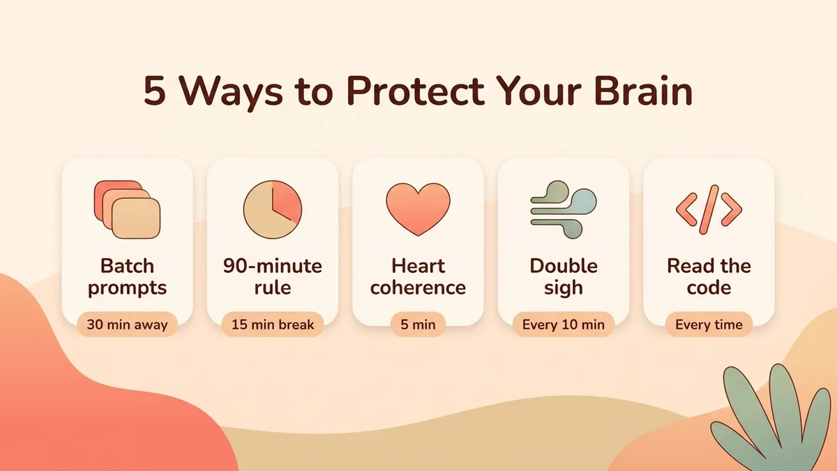 Infographic of the 5 cognitive protection techniques for vibe coders: batch prompting, the 90-minute rule, cardiac coherence, the physiological sigh, active code review — each with an icon, duration and main benefit