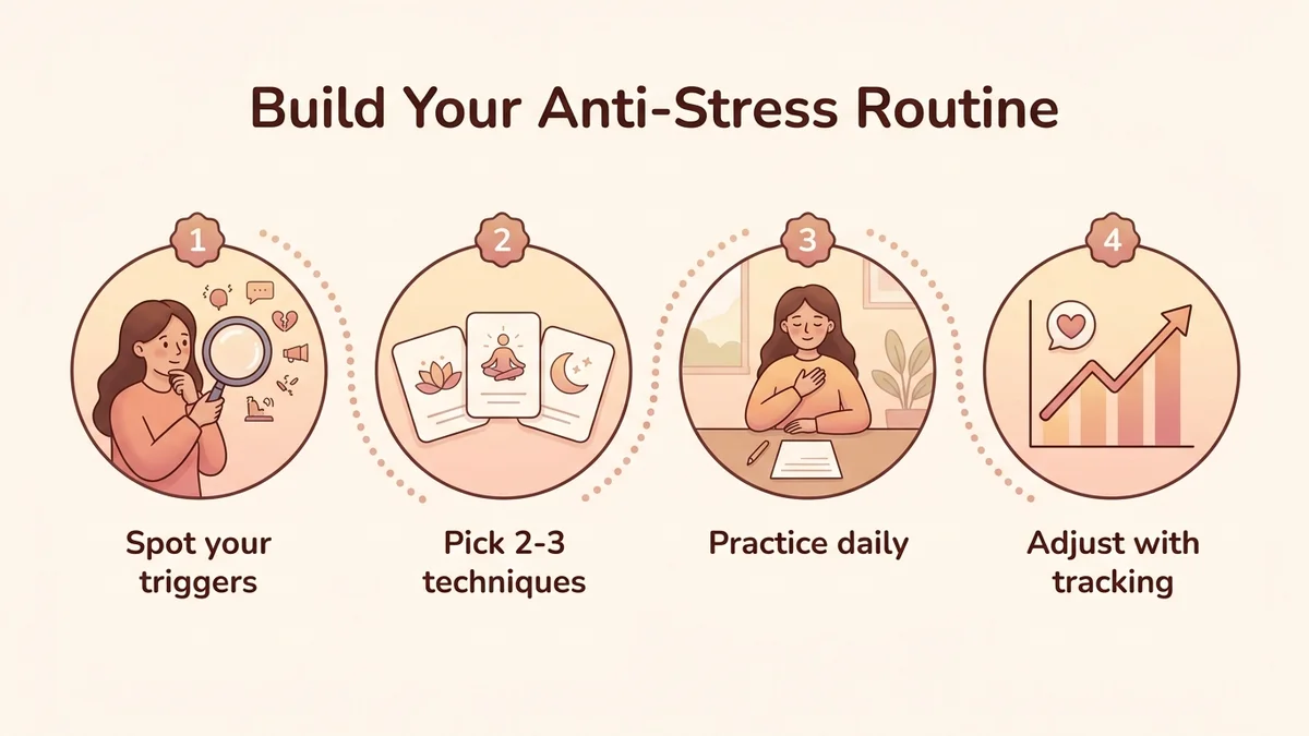 Diagram of the 4 steps to set up your anti-stress routine at work: identify your triggers, choose 2-3 suitable techniques, practice daily, adjust with emotional tracking