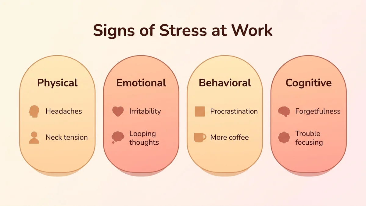 Infographic of the seven categories of work stress signs, with icons representing each physical, emotional, behavioral and cognitive symptom