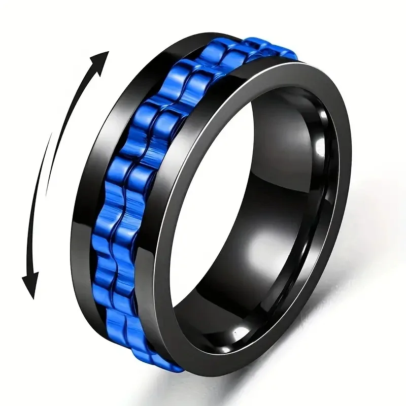 Bague anti-stress homme en acier inoxydable, chaîne d'engrenage rotative sur anneau large